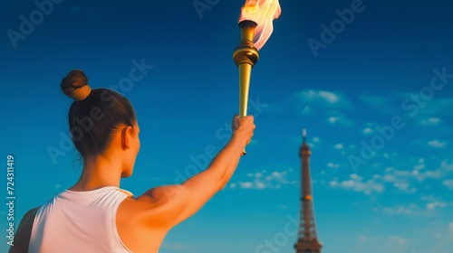Woman Athlete Holding the Olympic Torch with the Eiffel Tower in the Background during the 2024 Olympic Games