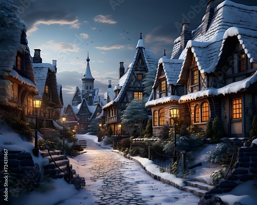 Beautiful winter Christmas landscape with snow covered houses in the village.