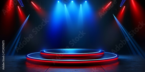 Stage podium with red and blue lighting, Luxury stage Podium Scene with for Award Ceremony