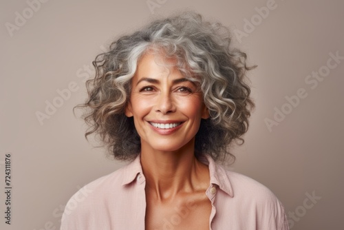 Portrait of a happy mature woman with curly hair, isolated on gray background