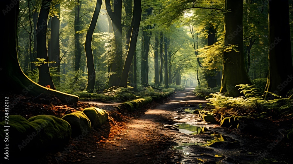 Panoramic image of a path in a green forest with sunlight