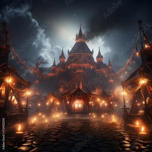3D Illustration of a Fantasy Fairy Tale Castle in the Night