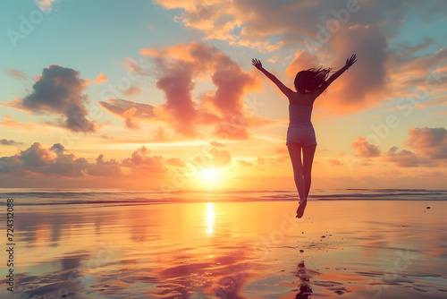 Successful woman jumps on the beach at sunrise, expressing happiness and freedom, symbolizing achievement and empowerment.