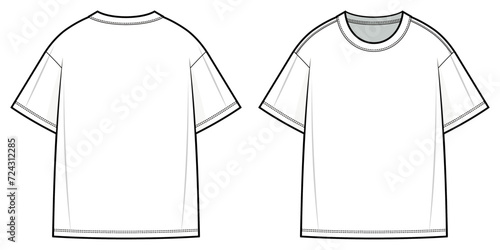 Basic T-shirt flat technical fashion illustration. Tee shirt vector template illustration. front and back view. XL. Plus size. drop shoulder. unisex. white color. CAD mockup. photo