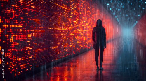 A lone woman stands before a vast wall of red digital data points, symbolizing concepts of big data, cybersecurity, and the digital age. 