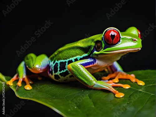 Red-Eyed Tree Frog, Agalychnis Callidryas, on a Leaf on a Black Background