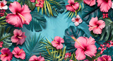 pink and flowers tropical on turquoise