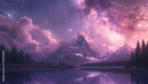 pink starry sky with mountain and lake