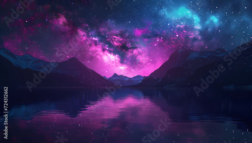 pink starry sky with mountain and lake