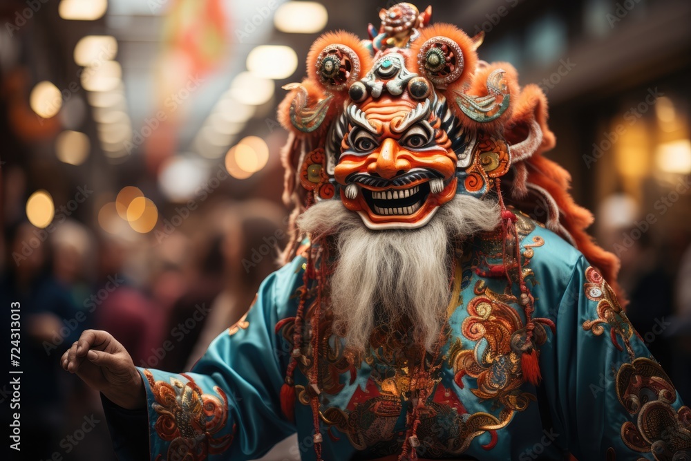 People wearing traditional Chinese masked costume for celebration new year People wearing traditional Chinese masked costume for celebration new year