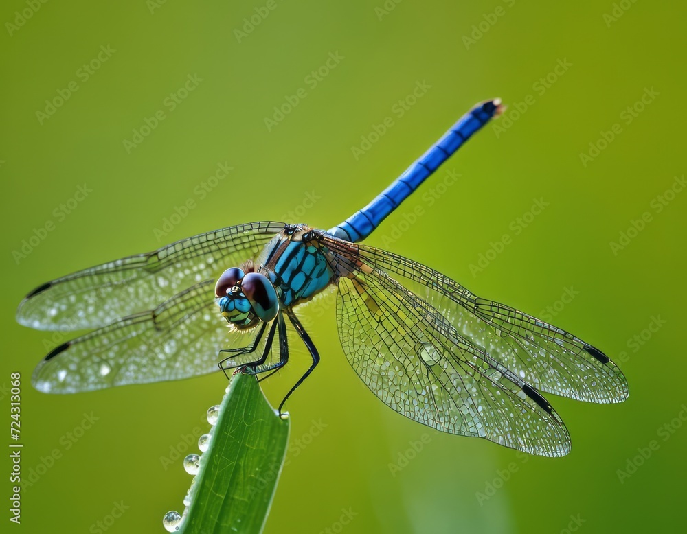 Vivid Blue Dragonfly Perched on Greenery with Dew Drops Vivid Blue Dragonfly Perched on Greenery with Dew Drops