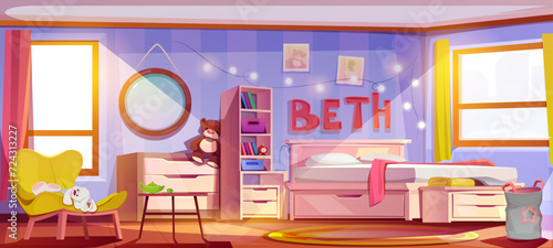 Wallpaper Mural Girl bedroom interior design. Charming children room with bed, shelves for books, toys and cozy rug. Empty nursery room with comfortable furniture and decor. Cartoon flat vector illustration Torontodigital.ca