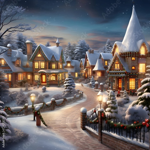 Christmas village at night. Digital painting. 3D illustration. Christmas background.