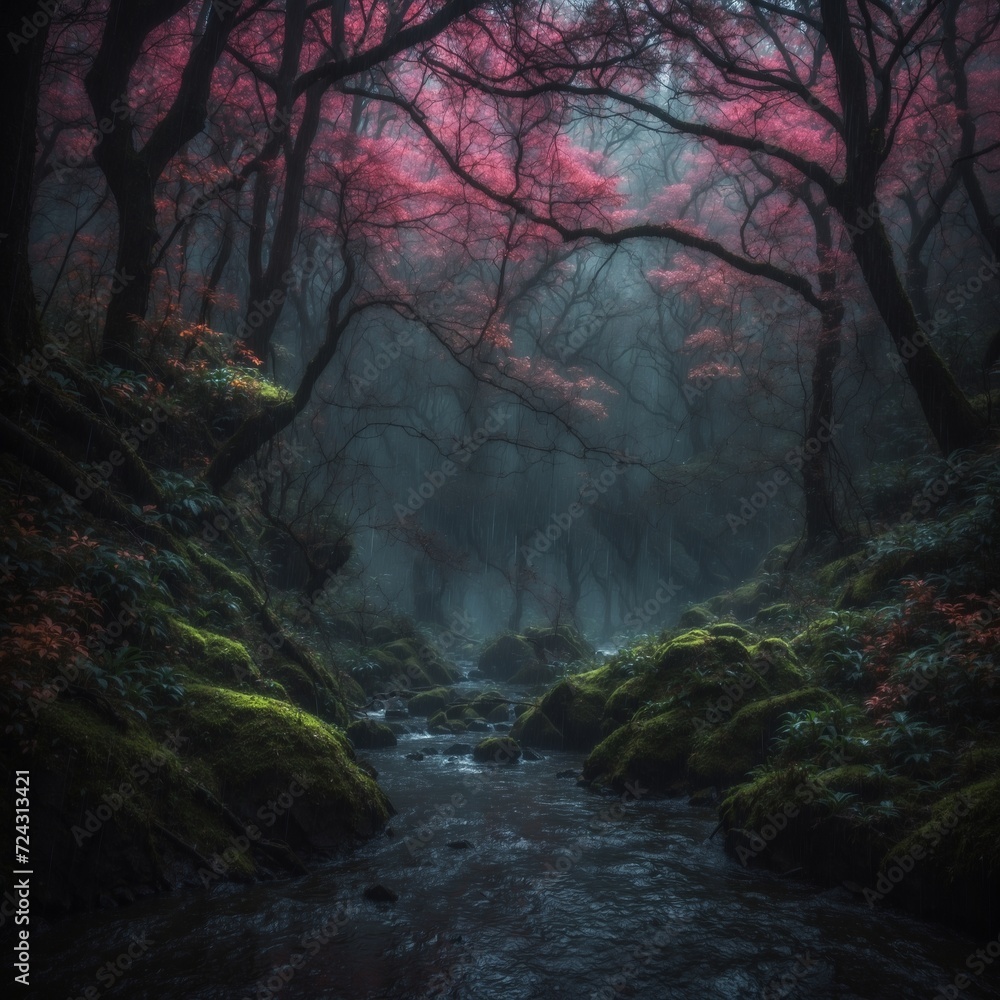 Moody scene of the river in the dark forest