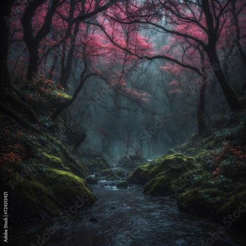 Moody scene of the river in the dark forest