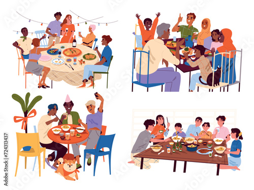 Set of people gatherings around dinner tables. Families, friends and happy characters eat, communicate with each other and spend time together. Cartoon flat vector collection isolated on background
