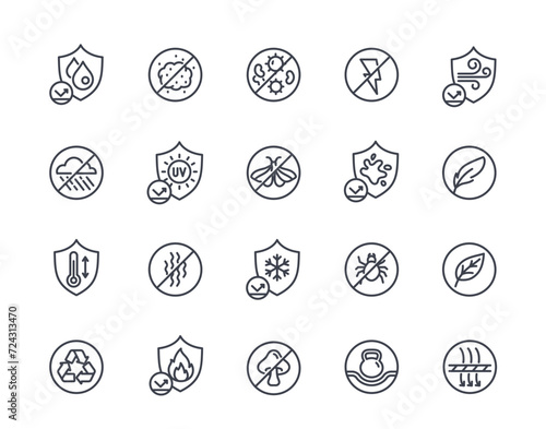 Fabric protection line icon set. Antibacterial, antistatic, fire and moisture resistant, durable, elastic and waterproof symbol. Outline simple vector collection isolated on white background