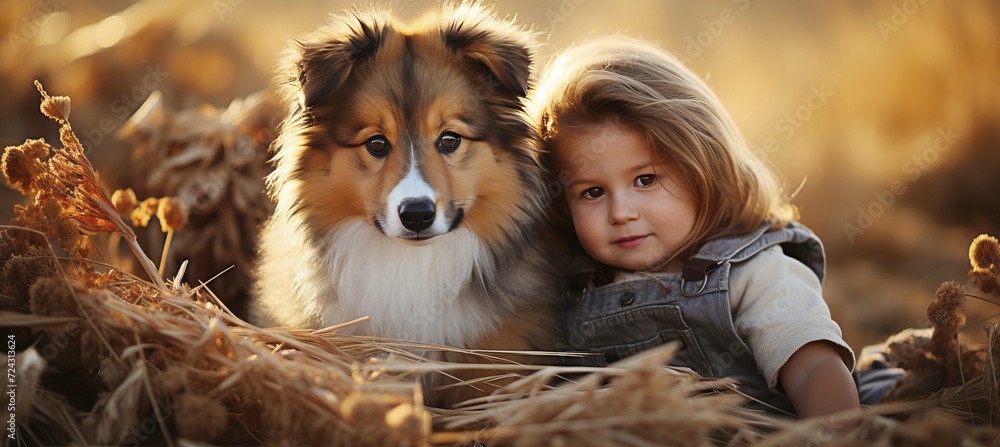 Little girl hugging dog in picturesque nature on summer day. Friendship, care, happiness with pet