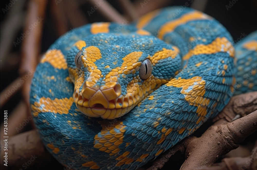 blue_and_yellow_snake_sleeping_on_some_branches blue_and_yellow_snake_sleeping_on_some_branches