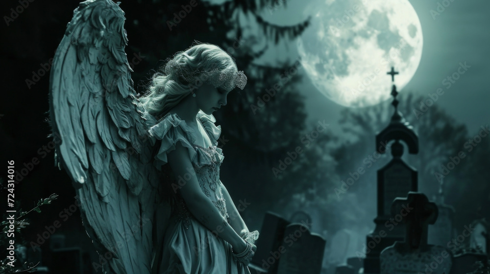 Fototapeta premium An elegant angel with pale skin roams the cemetery their eyes reflecting the moonlight as they watch over the graves.