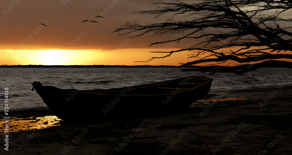an old boat sits at the end of a beach