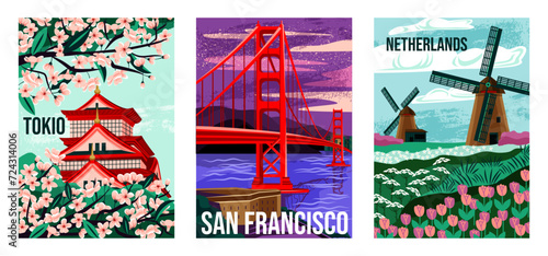 Travel Destination Posters Set. Travel postcards with landmarks of San Francisco, Japan and Netherlands. Journey and summer vacation. Cartoon flat vector illustrations isolated on white background
