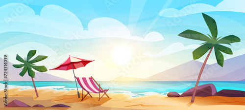Tropical beach landscape. Beautiful natural panorama with sea or ocean, coastline with sand, exotic palm trees and umbrella. Travel, tourism or summer vacation. Cartoon flat vector illustration photo