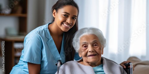 Caring Nursing Assistance for Elderly Patients: Smiling Women in a Happy Home.