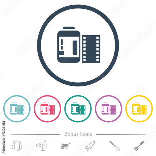 Negative camera film canister flat color icons in round outlines