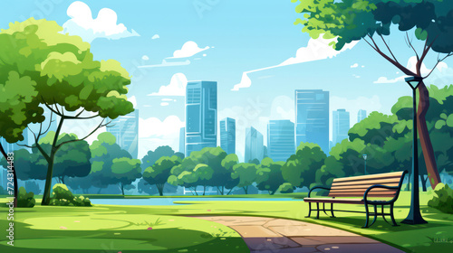 Urban Oasis: A Vibrant City Park with Refreshing Lake Views, Lush Greenery, and Serene Bench under a Blue Sky