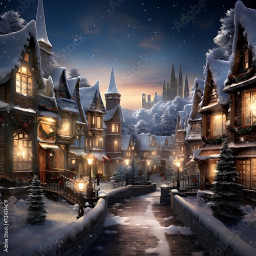 Fantasy winter landscape with a small town in the snow. 3d rendering
