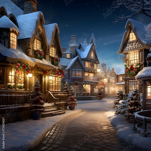 Christmas village at night with garlands and christmas decorations. 3d rendering