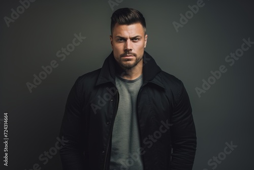 Portrait of a serious young man in a black jacket. Men's beauty, fashion.