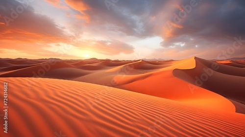 Desert sand dunes panorama at sunset. 3d render