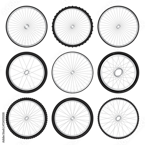 Realistic 3d bicycle wheels. Bike rubber tyres, shiny metal spokes and rims. Fitness cycle, touring, sport, road and mountain bike. Vector illustration