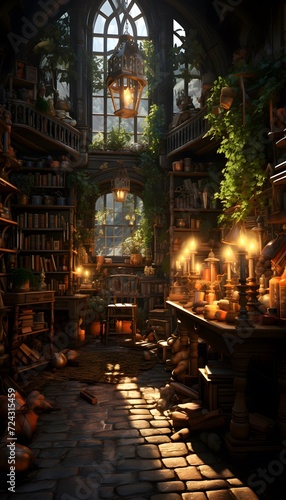 Interior of an old library with books and lanterns. 3d rendering