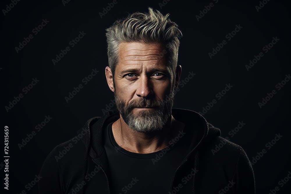 Portrait of a handsome mature man with a beard in a black sweatshirt.