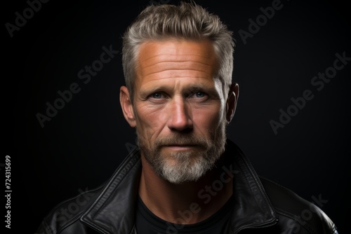 Portrait of a handsome middle-aged man in a black leather jacket. © Iigo