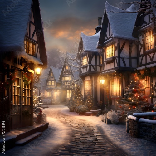 Digital painting of a winter street in the old town of Strasbourg