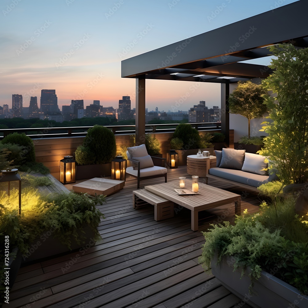 Outdoor terrace with view to the city at sunset. 3d rendering