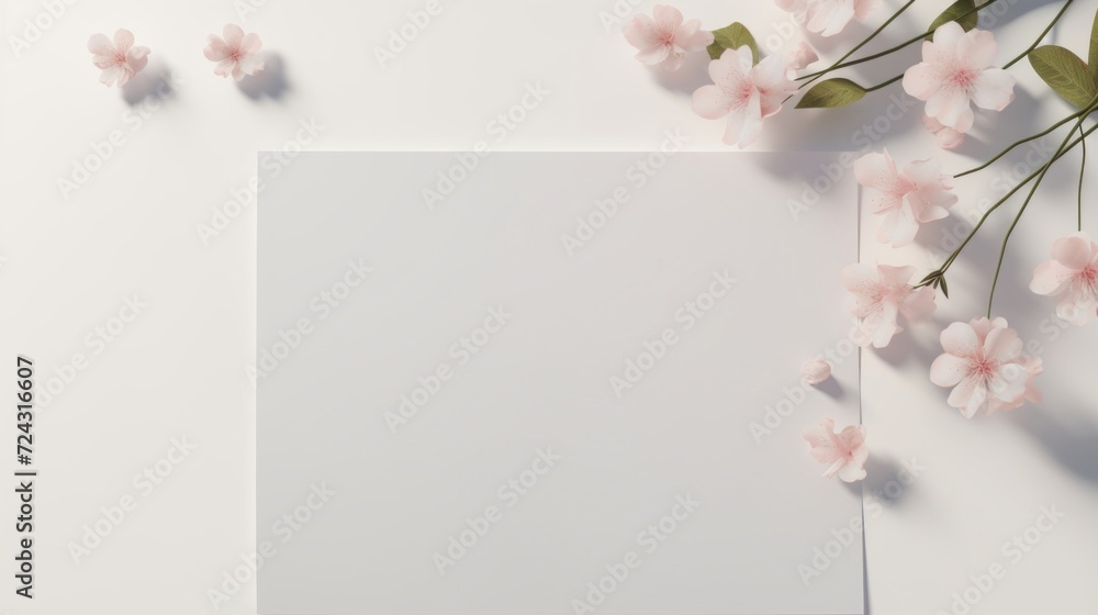 Elegant minimalistic floral frame with cherry blossoms around blank space for text on a white background.