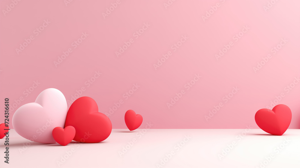 Various sized red and pink hearts scattered on a light pink background, creating a charming and romantic setting.