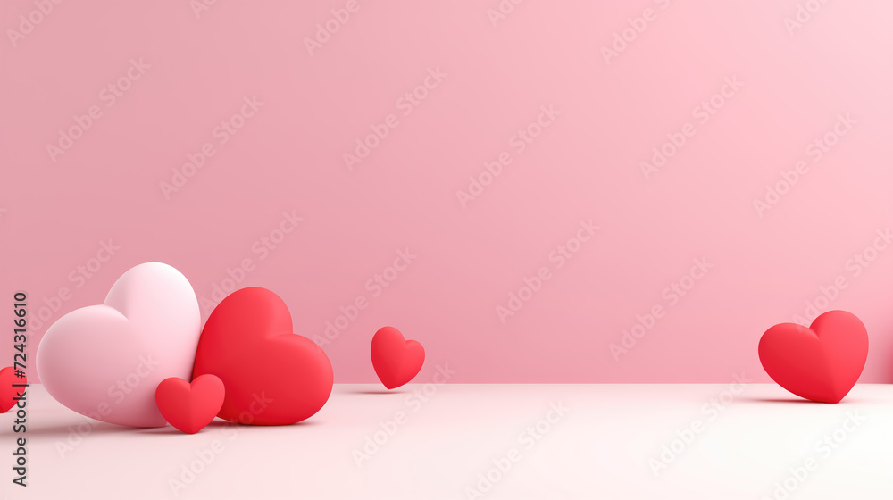 Various sized red and pink hearts scattered on a light pink background, creating a charming and romantic setting. Various sized red and pink hearts scattered on a light pink background, creating a charming and romantic setting.