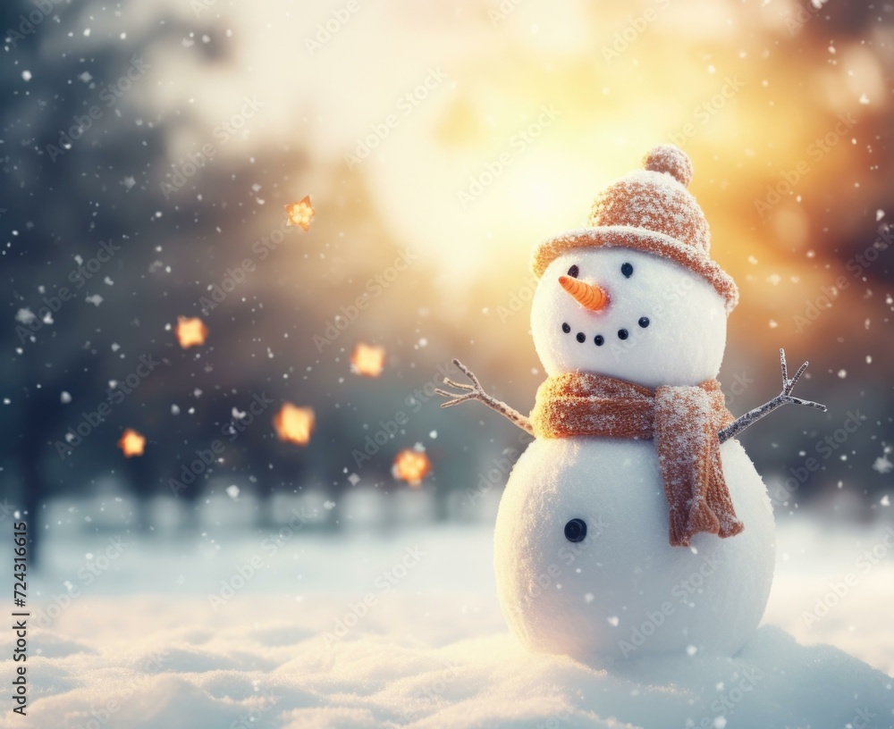 A snowman in a hat and scarf standing in the snow. Generative AI.