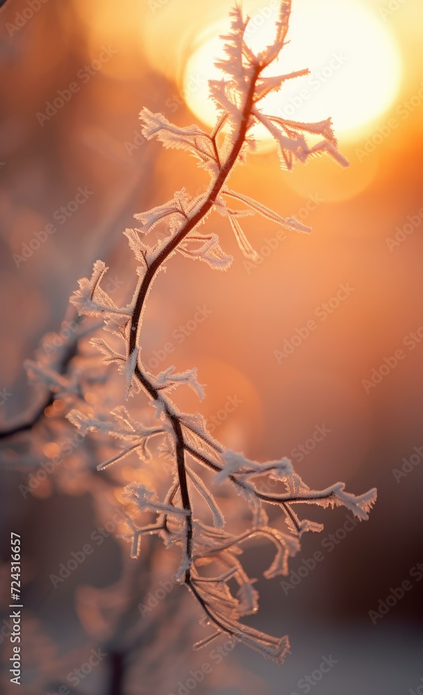 Frosty branches in the sunset. Generative AI. Frosty branches in the sunset. Generative AI.