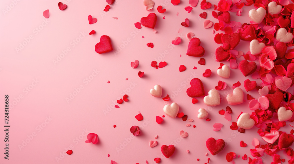 A vibrant and affectionate setup of scattered red and pink hearts of various sizes on a soft pink background.