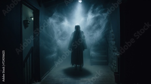 Silhouette of a ghostly figure standing in a fog-filled corridor  evoking horror and suspense.
