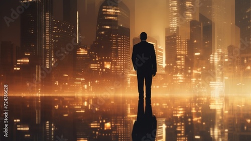 Silhouette of a man standing before a glowing cityscape, reflecting on urban life and business.