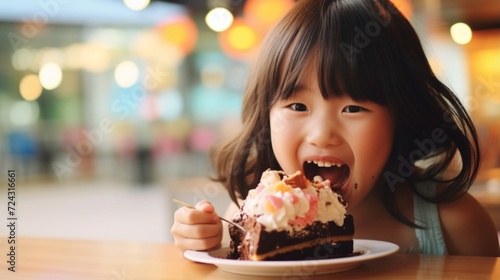 Adorable young girl enjoying a delicious chocolate cake in a brightly lit cafe with a joyful expression.