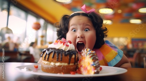 Excited little girl amazed by a large, colorful, and tempting dessert in a vibrant diner setting.